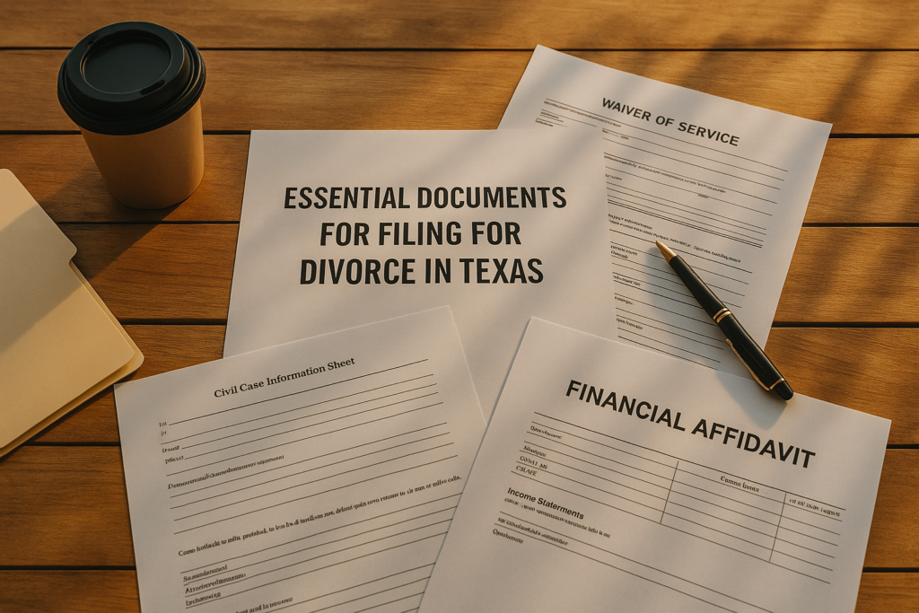 An overview of essential documents for filing for divorce in Texas.