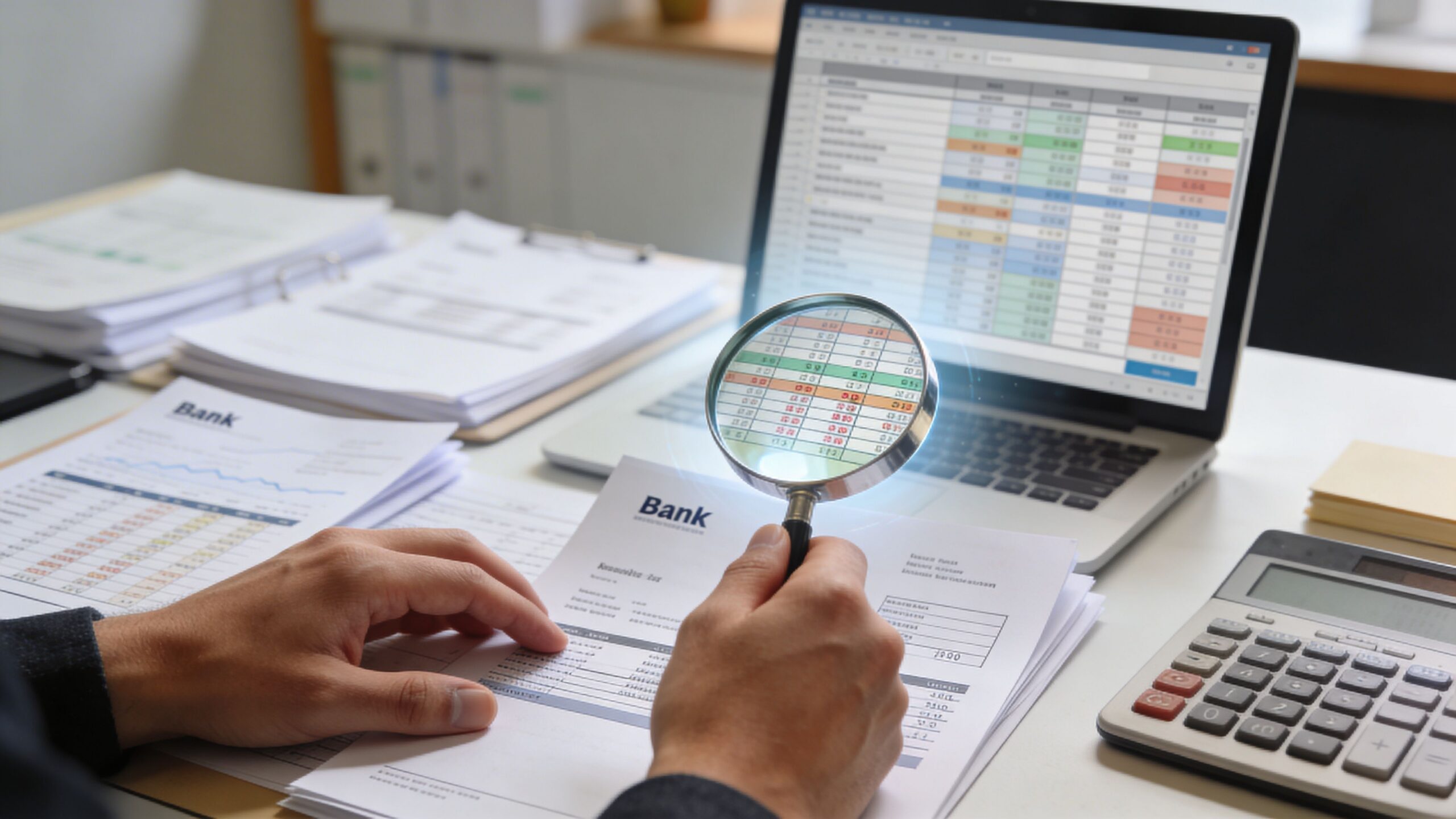 A professional analyzing bank financial documents and spreadsheets with a magnifying glass at an office desk.