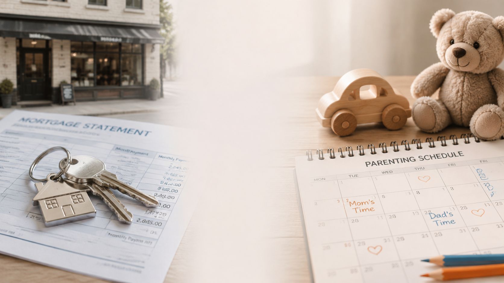 A split image showing a mortgage statement with house keys on the left and a parenting calendar on the right.