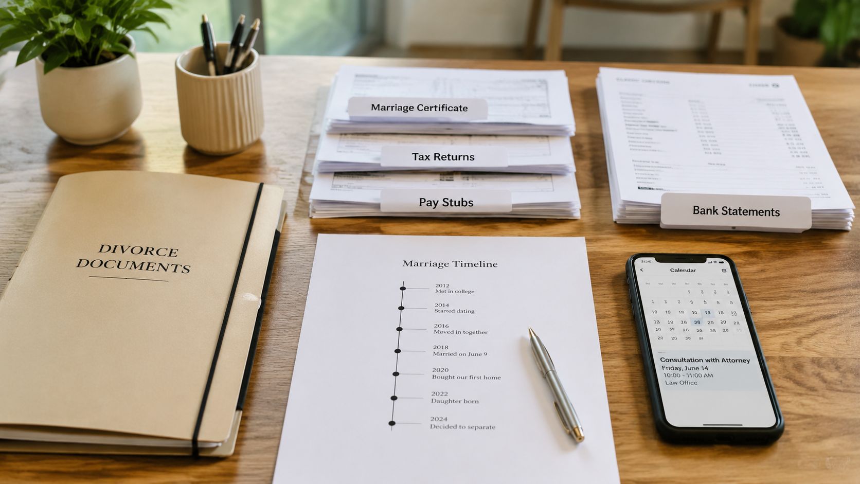 Organized divorce documents, marriage timeline, and calendar on a desk preparing for a legal consultation.