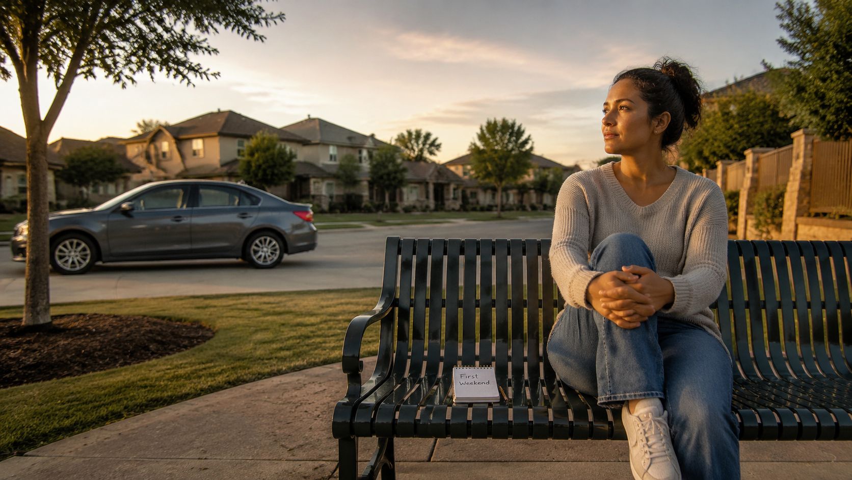 A pensive woman sits on a bench in a suburban neighborhood holding a journal titled First Weekend.