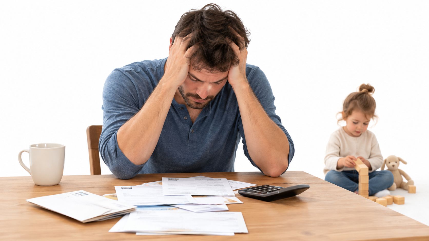 A stressed father sitting at a table with bills and a calculator while his young daughter plays.