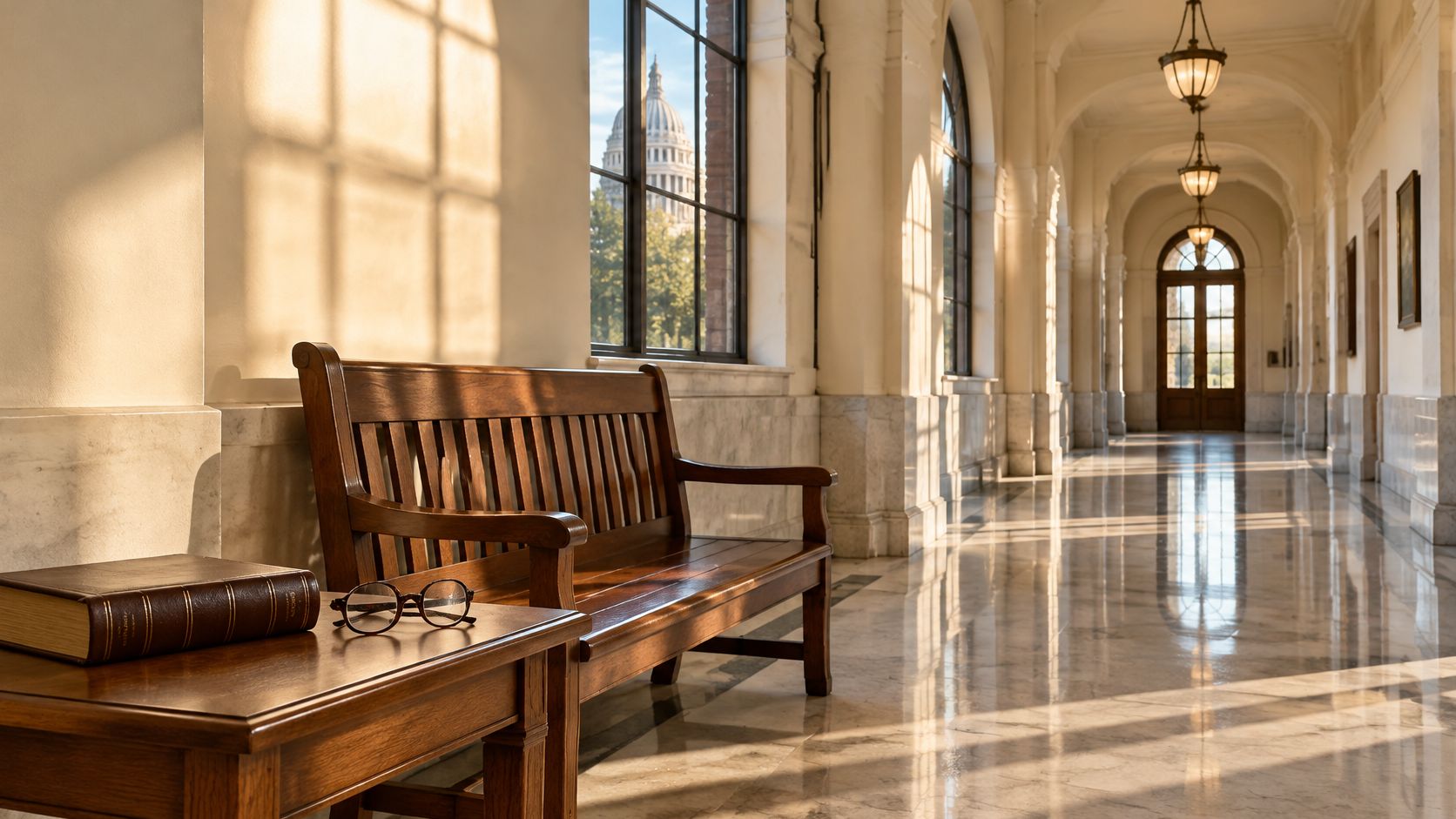 A quiet, sunlit hallway in a classic government building featuring a wooden bench, a book, and eyeglasses.