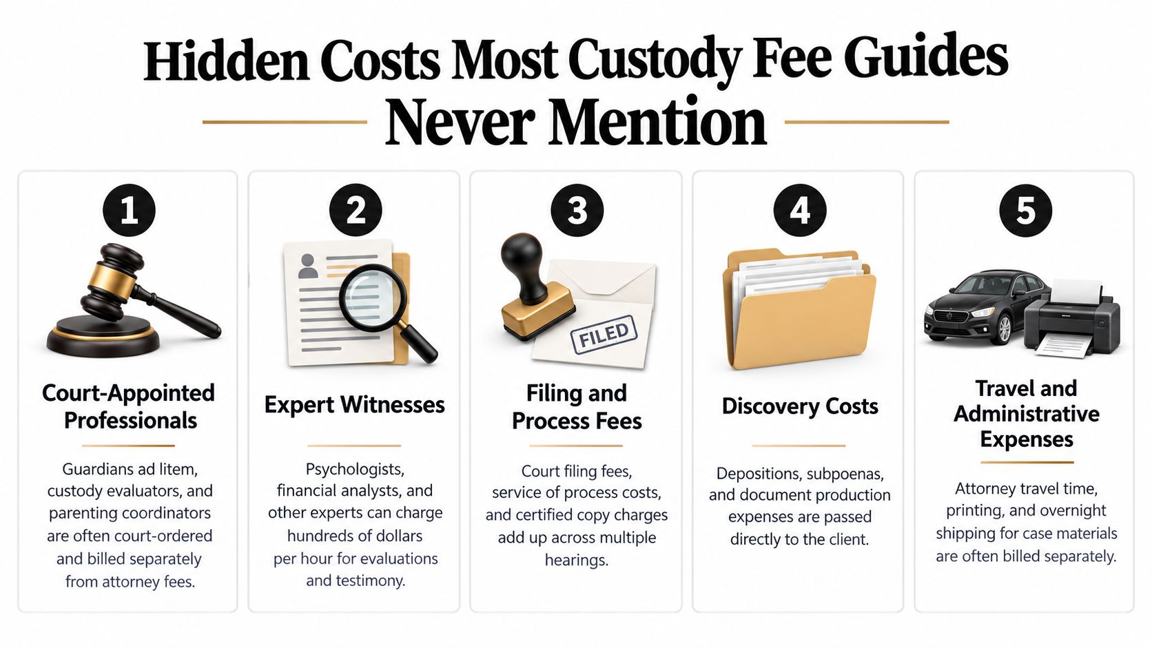 A five-point infographic detailing common hidden costs in child custody cases including professionals, experts, and admin fees.