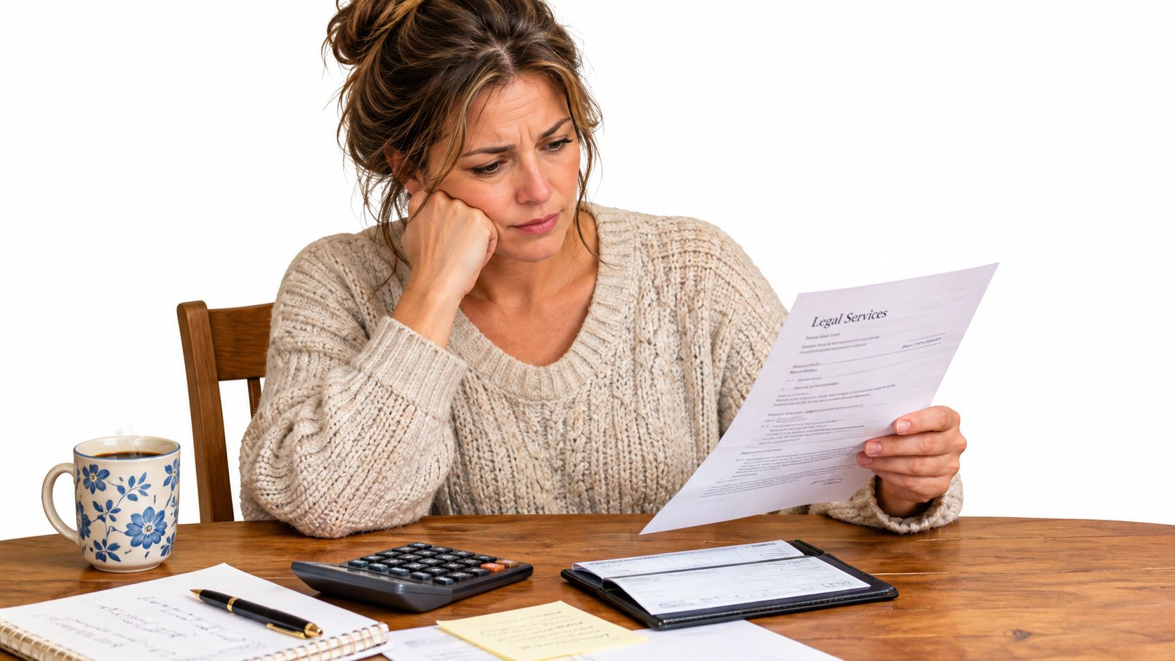 A concerned woman sitting at a desk reviewing a document labeled legal services with a calculator.