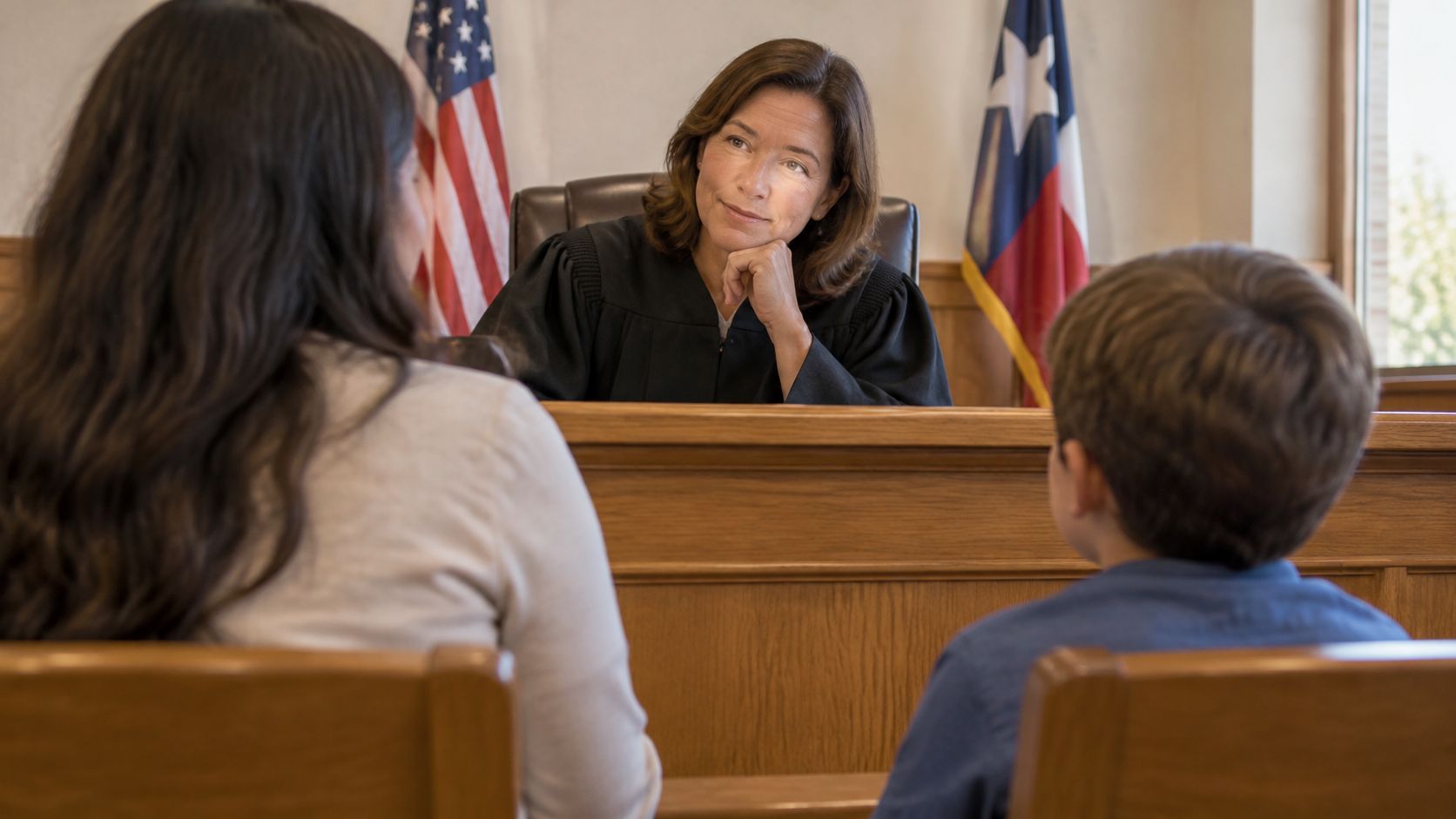 A judge in a courtroom listening to a mother and her young son during a hearing.