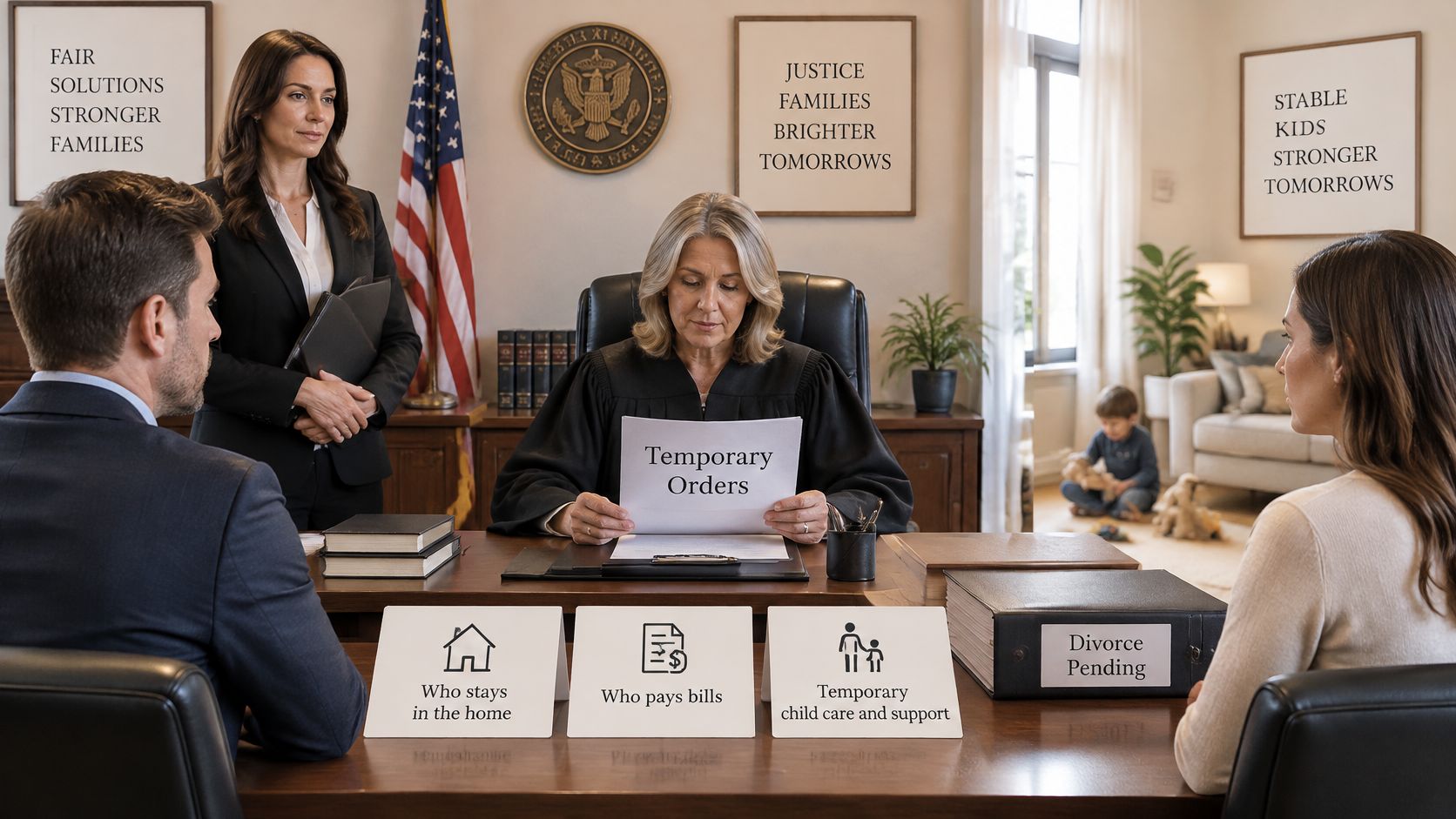 A judge in a courtroom setting reviewing temporary divorce order documents with a couple present.