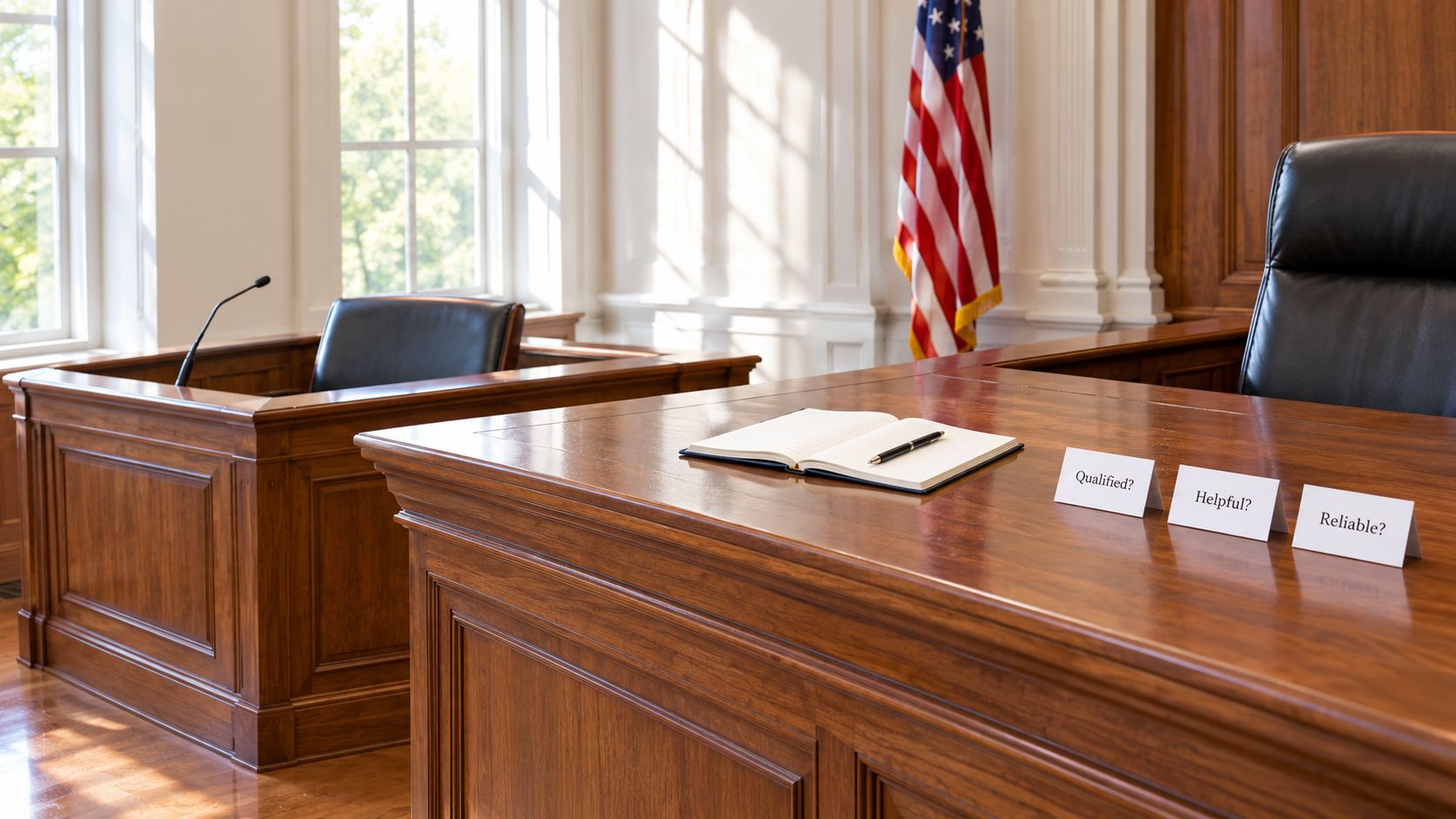 A wooden judge or witness bench in a courtroom with a notebook and signs asking questions.