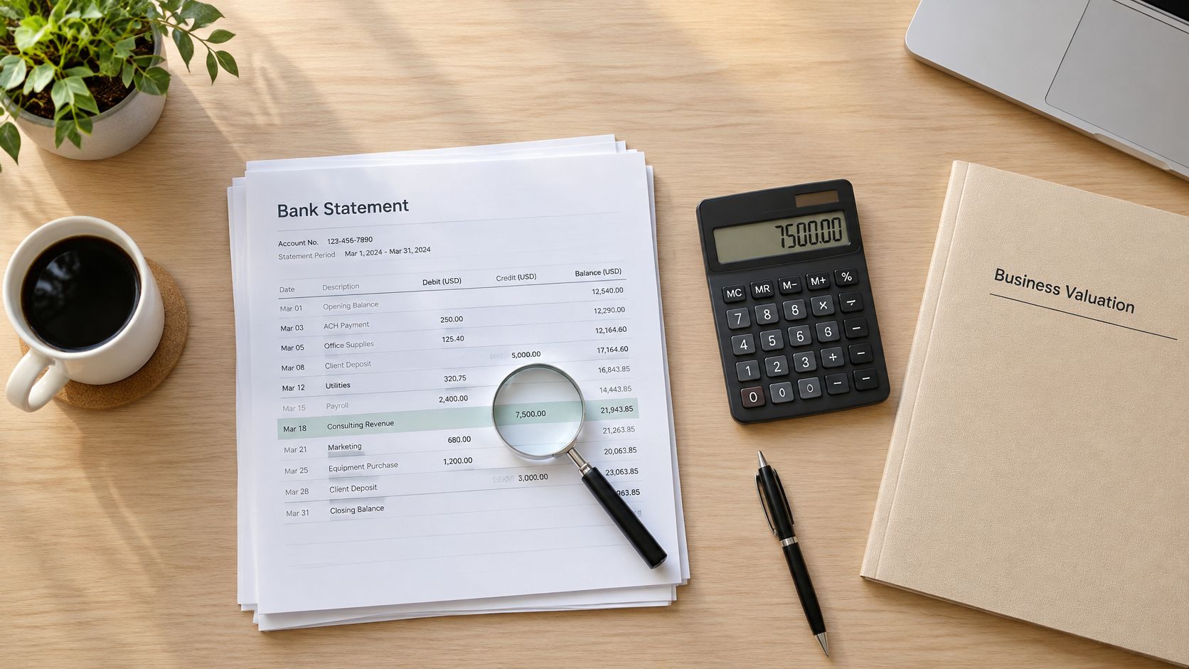A top-down view of a desk featuring a bank statement, magnifying glass, calculator, and business valuation folder.