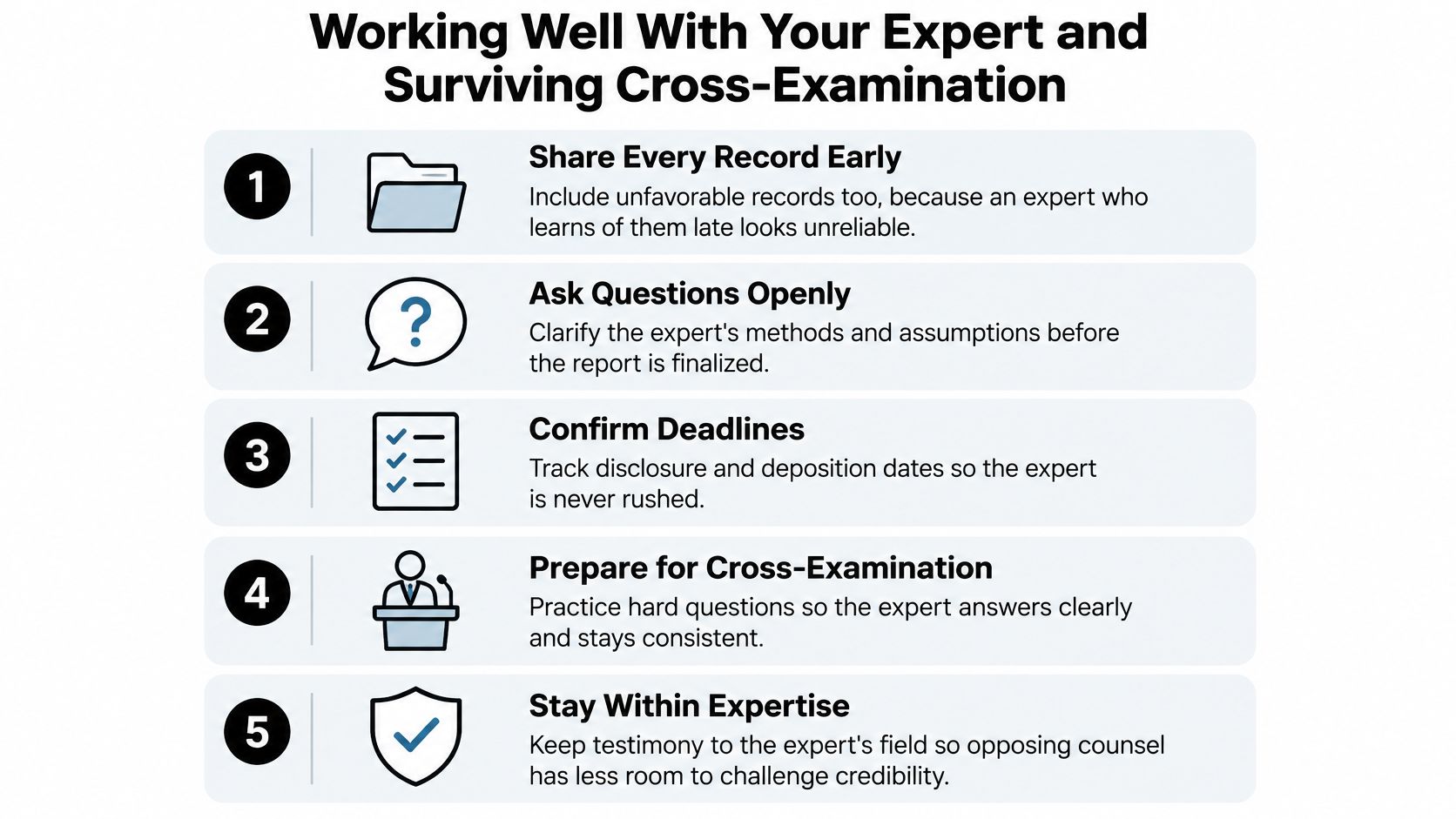 An infographic titled Working Well With Your Expert and Surviving Cross-Examination listing five tips for legal professionals.
