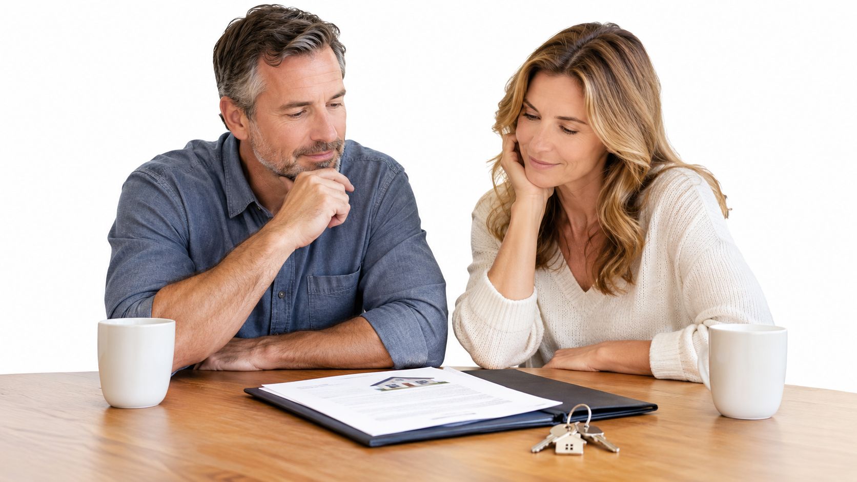 A middle-aged couple looks thoughtfully at a real estate contract with house keys on a table.