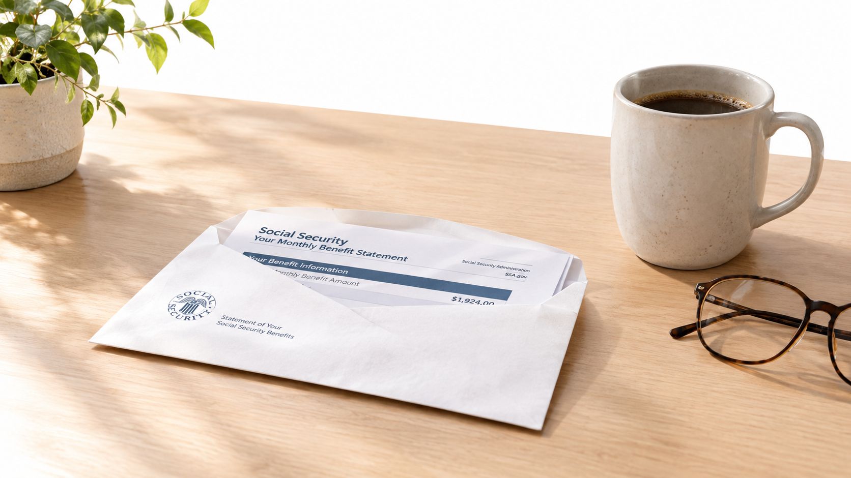A Social Security benefit statement envelope on a wooden desk with a coffee mug and eyeglasses.