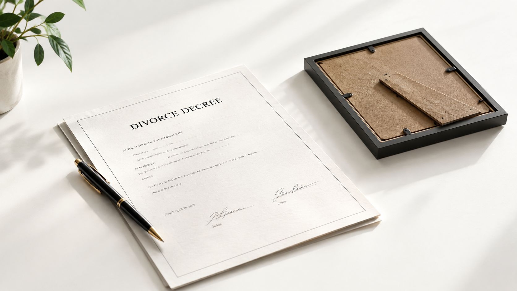 A document titled Divorce Decree resting on a white surface next to a pen and picture frame.
