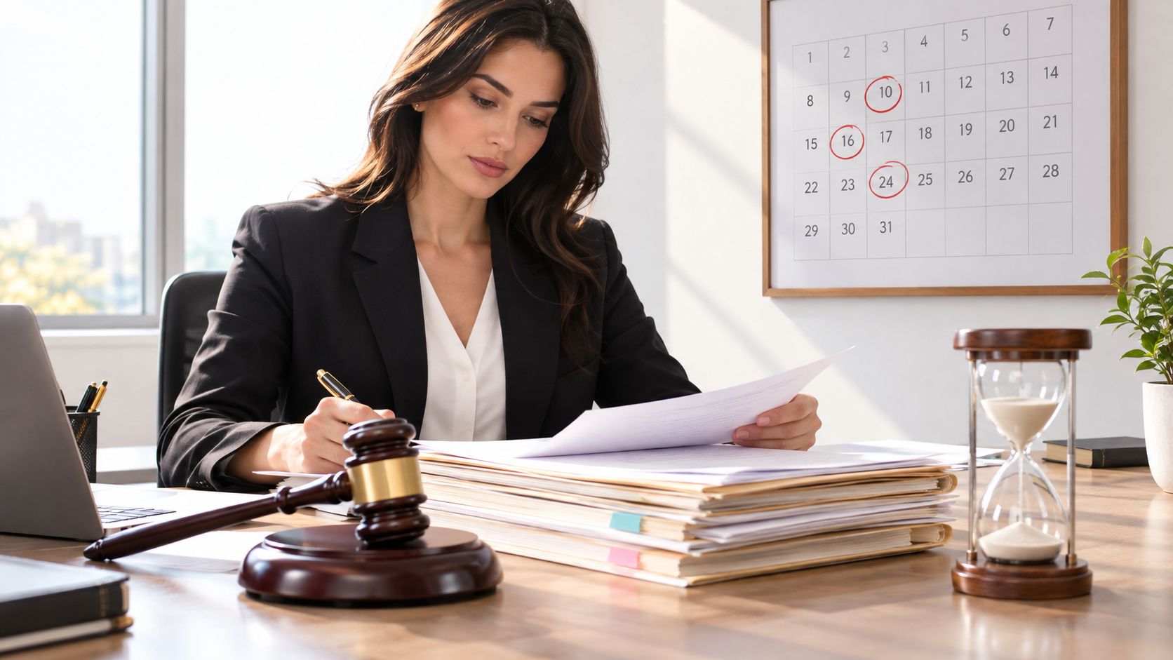 A professional female attorney reviews legal documents at her desk with a gavel and hourglass.