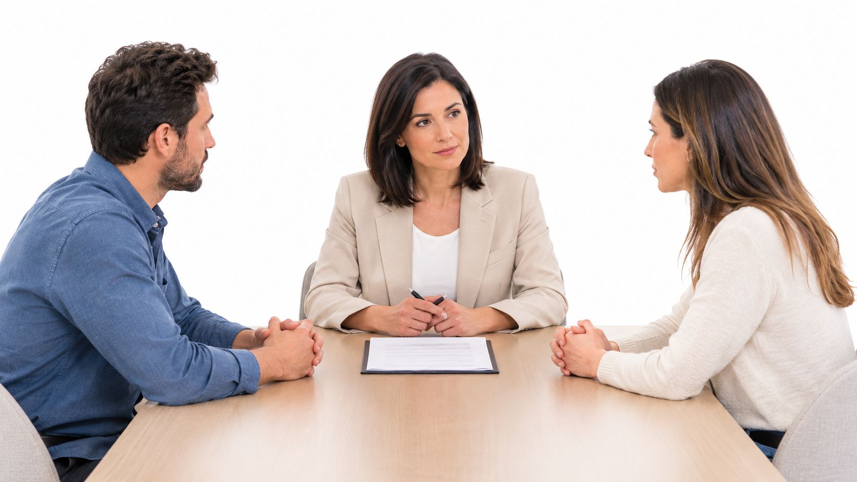 A professional mediator conducts a formal consultation session with a couple sitting at a wooden table.