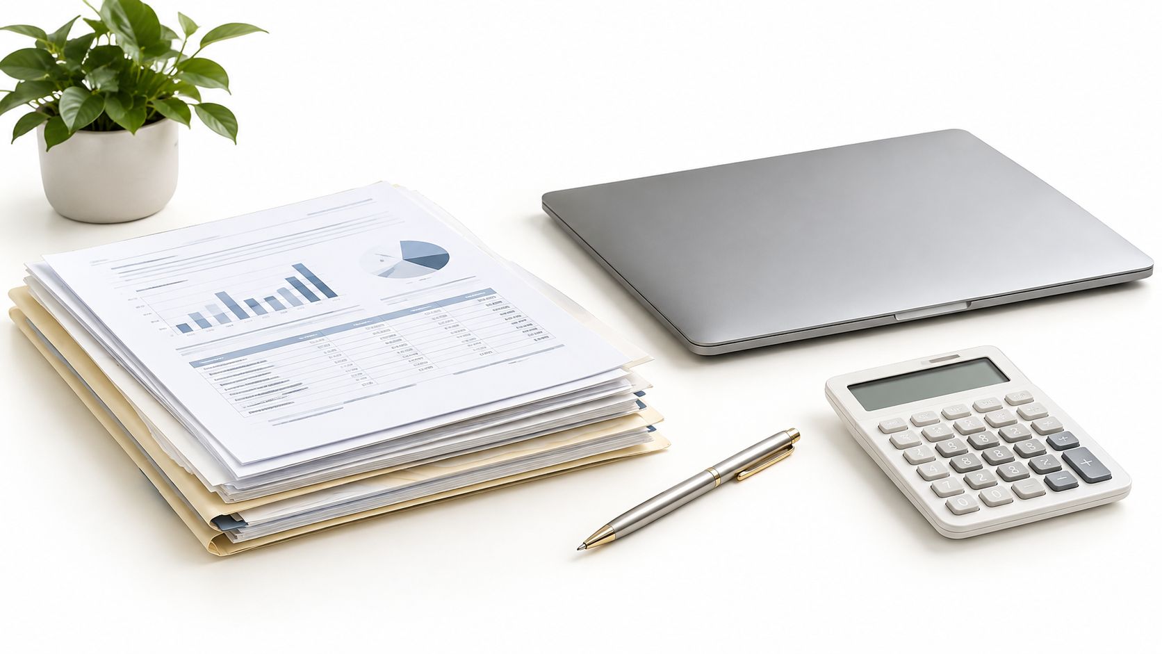 A minimalist office workspace featuring a stack of financial documents, a laptop, a calculator, and a potted plant.