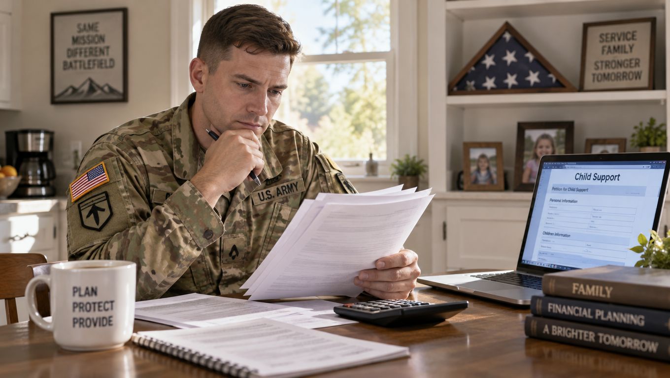 A soldier in uniform reviews legal documents regarding child support while sitting at a home desk.