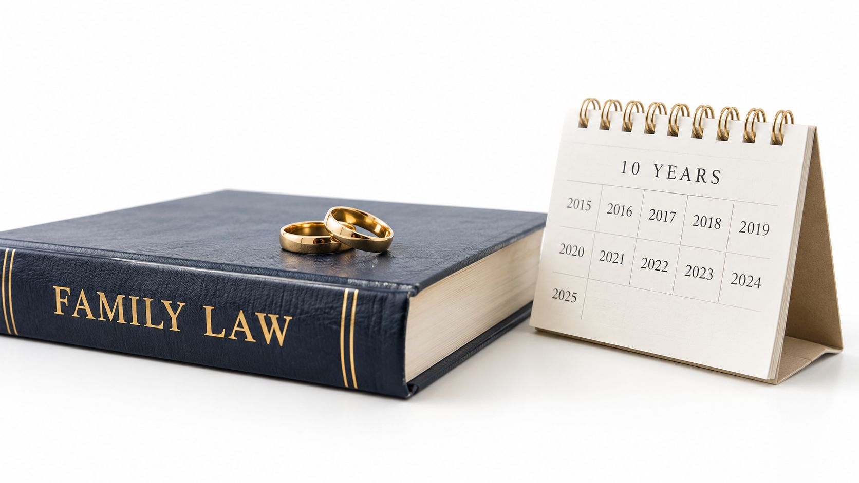 A law book titled Family Law with two gold rings and a calendar displaying ten years.