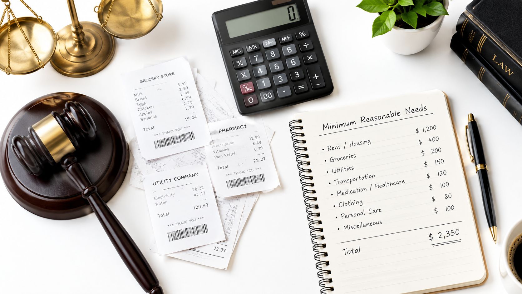 A gavel, calculator, receipts, and a notebook listing minimum reasonable needs on a white desk.