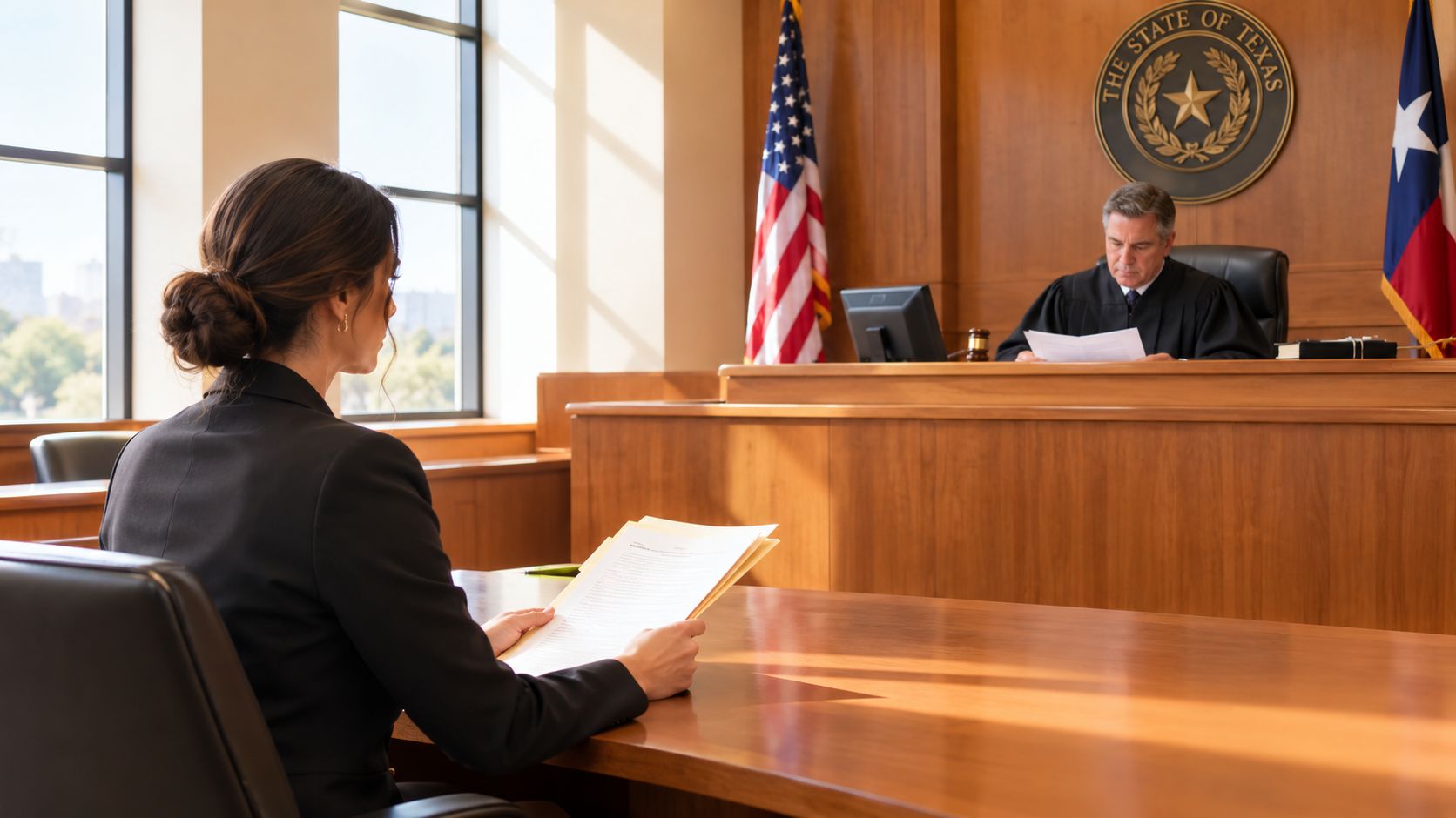 A female attorney reviews legal documents while a judge presides over a courtroom in Texas.