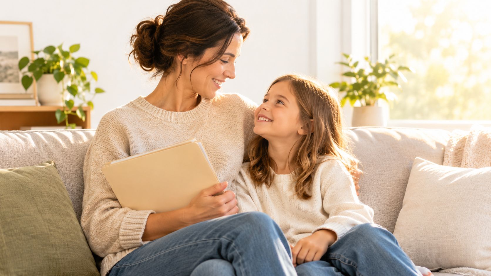 A happy mother and daughter smiling at each other while sitting together comfortably on a sofa.
