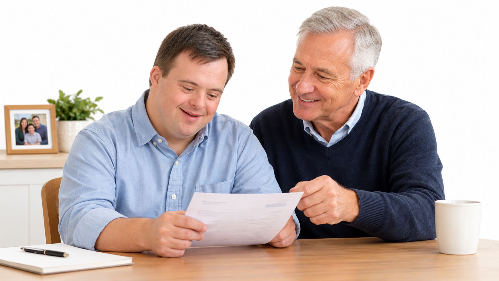 An older man and an adult with Down syndrome smiling while reviewing a document together at home.